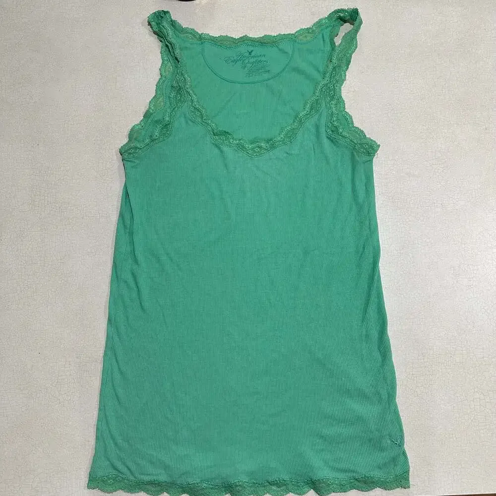 Vtg Y2K American Eagle Outfitters Ribbed Lace Trim Cami Tank Top Green - Picture 1 of 8